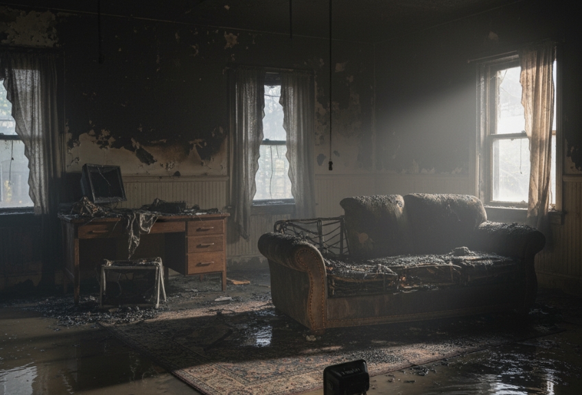 Brandschade in een huis met met allemaal roet en rook op de meubels voor Secuur Schade Expert.