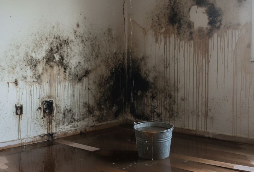 Waterschade in een huis met op de vloer een emmer en een plas water voor Secuur Schade Expert.
