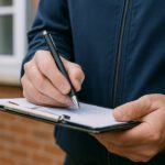 Contra expertise schade-expert van Secuur Schade Expert noteert bevindingen op een clipboard tijdens een inspectie.