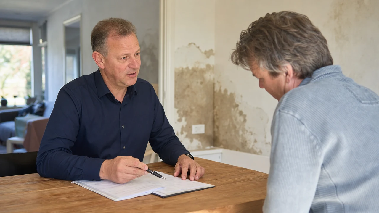 Wat kost een schade-expert: expert bespreekt aan de keukentafel de kostenopstelling met een woningeigenaar, door Secuur Schade Expert