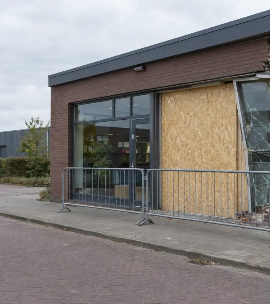 Bedrijfspand met beschadigde pui na een aanrijding, tijdelijk dichtgezet met houten platen