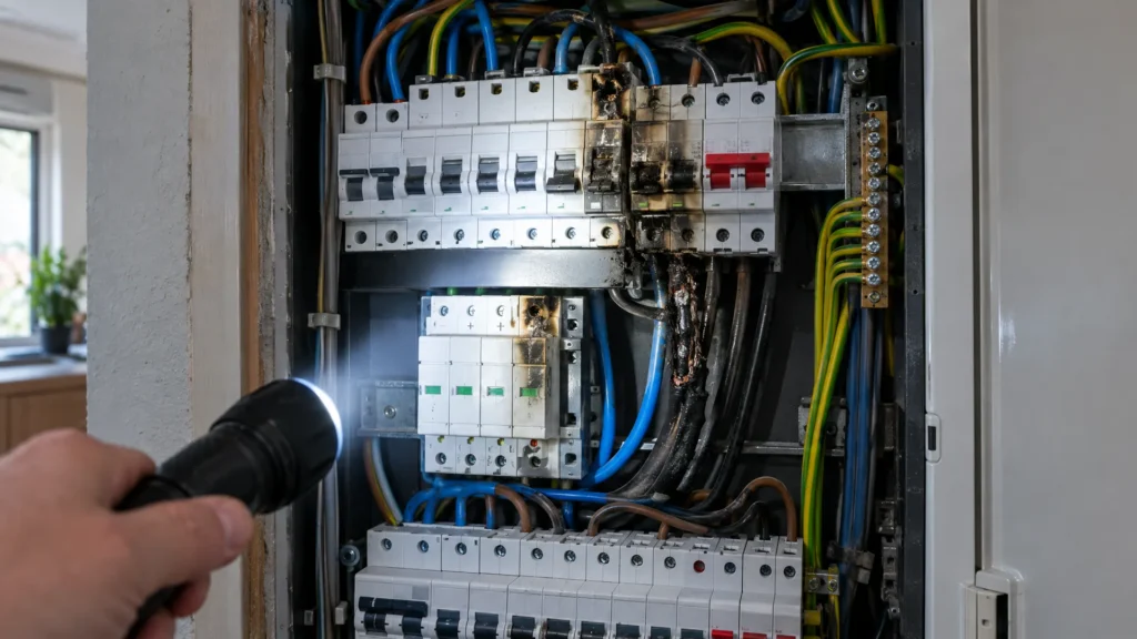Meterkast met schroeiplekken aan overspanningsbeveiliging en kabels na een blikseminslag in de buurt