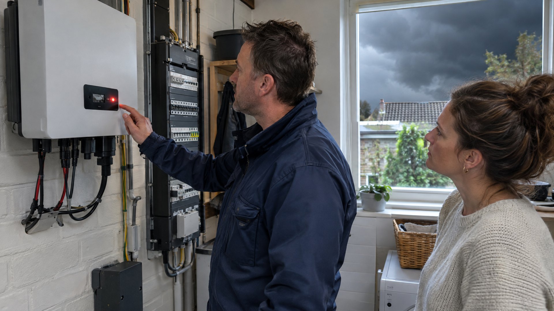 Bliksemschade aan een woning: schade-expert controleert de omvormer van de zonnepanelen na een blikseminslag in de buurt