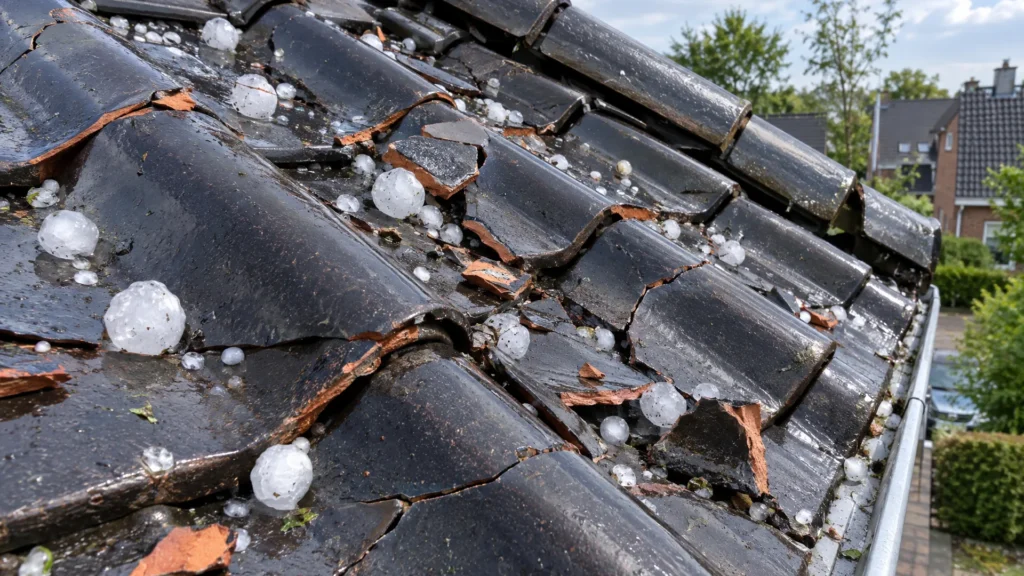 Gebarsten en afgebroken dakpannen met hagelstenen ertussen na een hagelbui